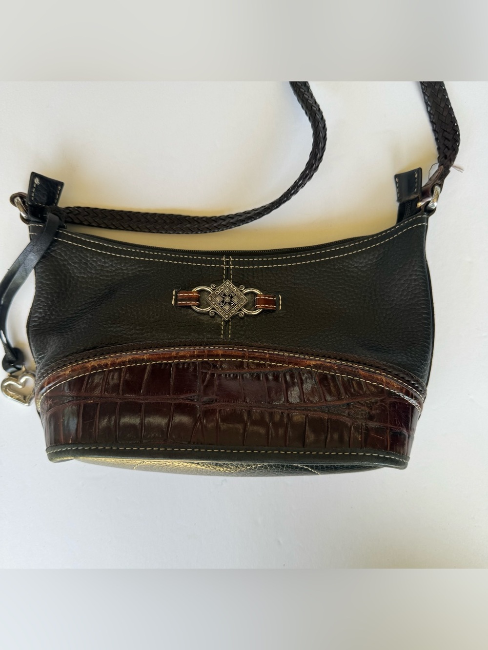 Brighton Black Brown Pewter Details Pebble Leather Shoulder Bag Purse 10.25